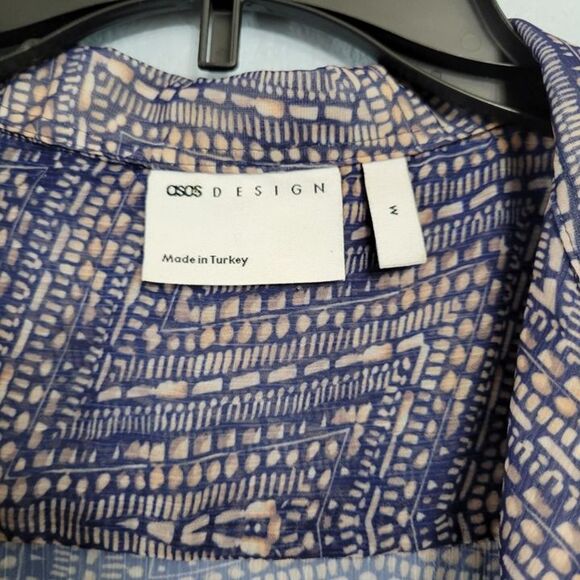 ASOS Design Sheer Button Up Shirt Short Sleeve Blue Pink Abstract Camp Collar MD - Picture 3 of 7